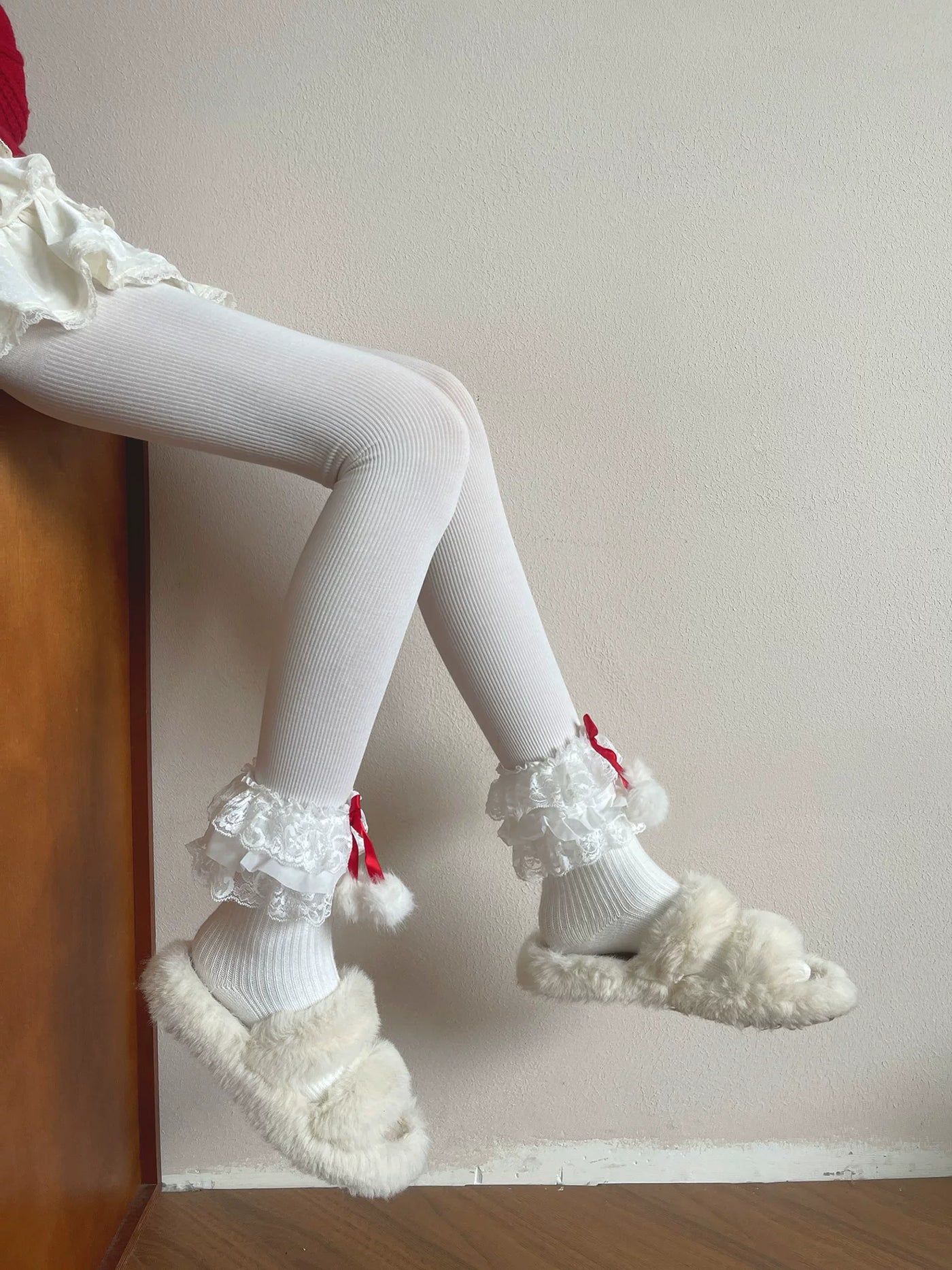 Sock Noble - Christmas Ribbon Fur Ball - Slouch socks and basic white tights with red-ribbon or fur-ball accents