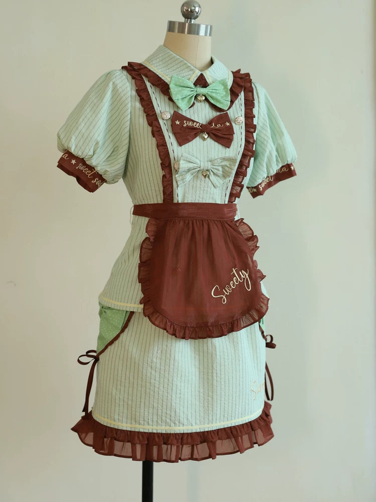 Short-sleeve ruffled Lolita dress with contrasting bow accents displayed on a mannequin.
