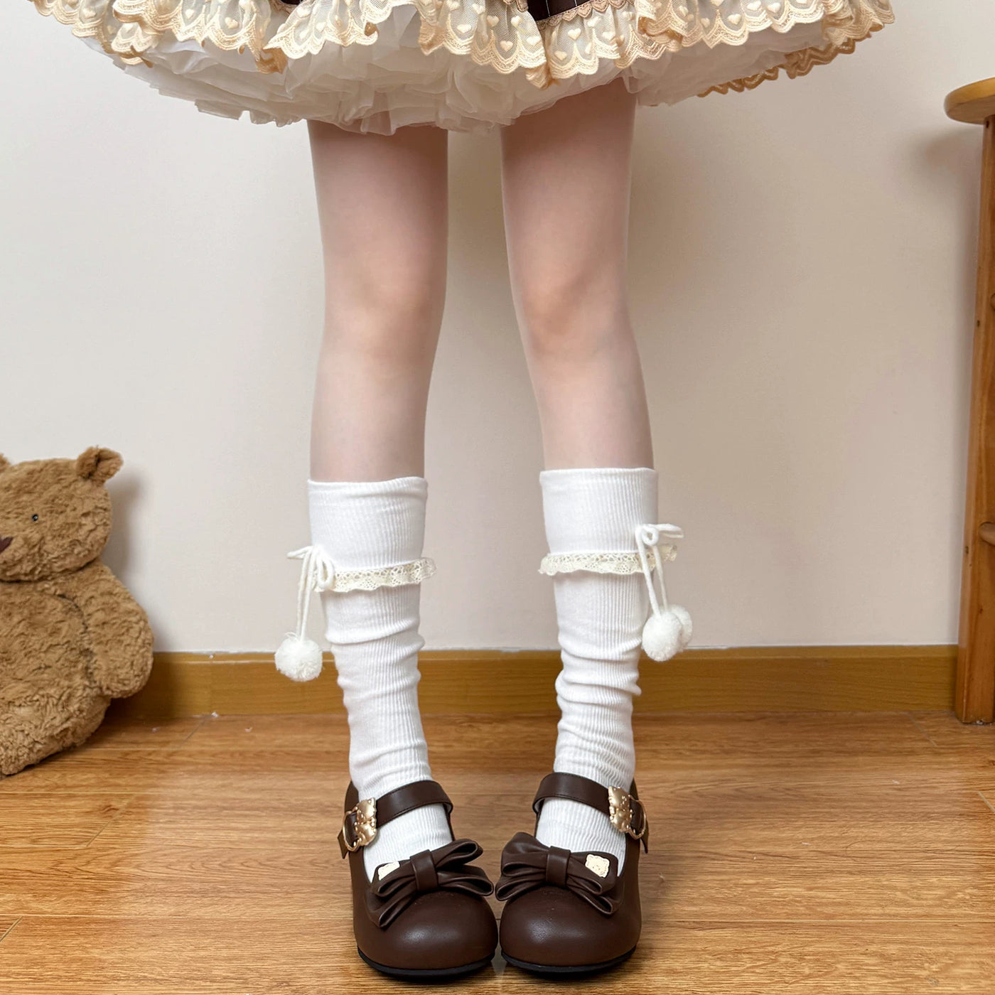 Chubby Bear Tales - Caramel Cocoa - Cuffed Calf Socks with Bow-Tied Pom-Poms