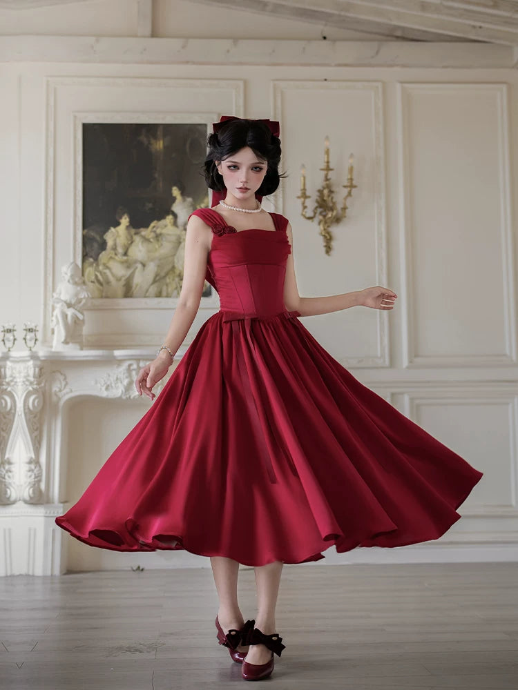 With PUJI - For Beloved - Classic Lolita Satin JSK Dress Set, Fishbone Waist detail view 3
