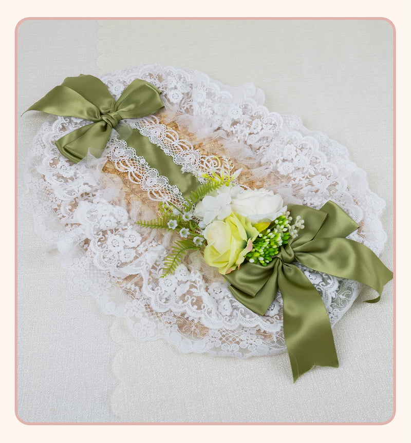 Stardust Rose - Garden Lace Bow - Flat Straw Hat with Lace Trim and Large Bow