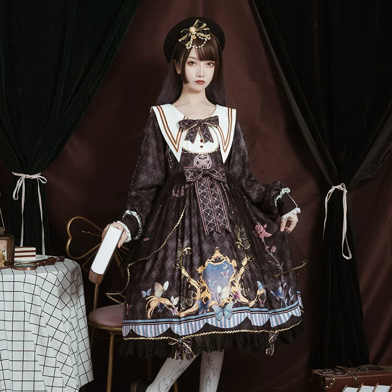 Elegant leopard print cat dress by Lolita Fetch featuring butterfly love design, perfect for cute daily wear.