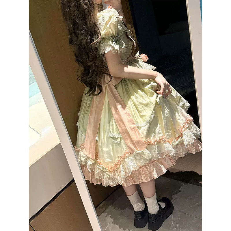 Creamy - Green & Pink Floral - One-Piece Dress with Layered Lace and Bow Trims