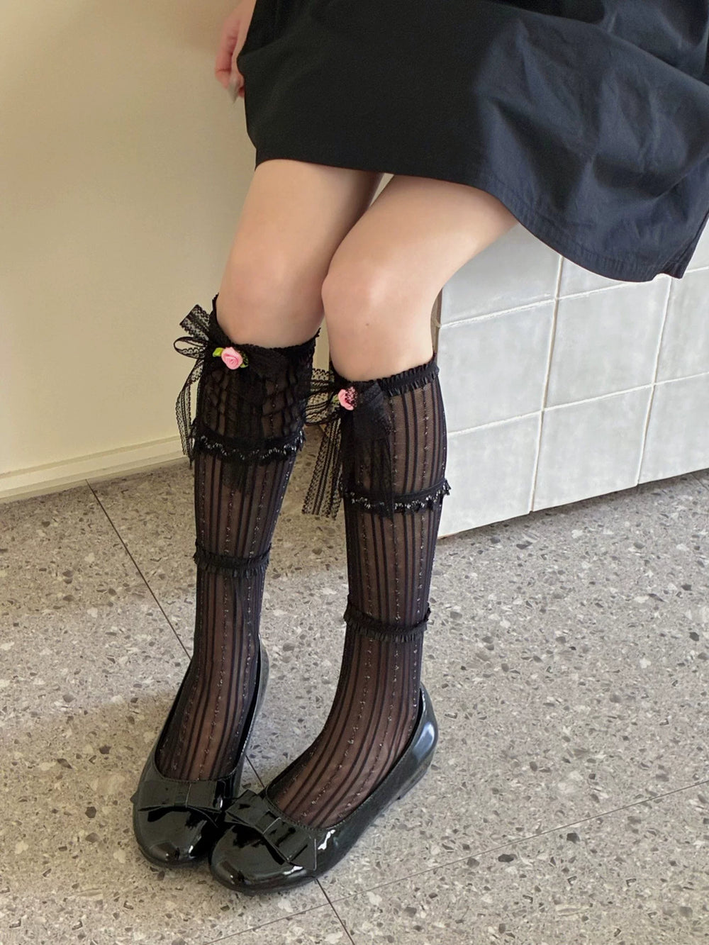 White striped mesh mid-calf socks with lace bows and rose accents