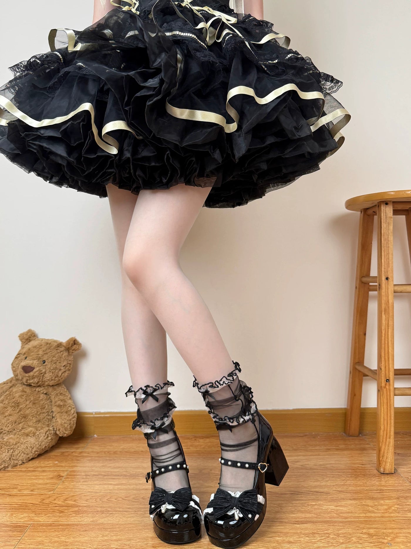 Chubby Bear Tales - Ballet Mesh Bow - Sheer Mesh Mid-Calf Socks with Ruffle Trim