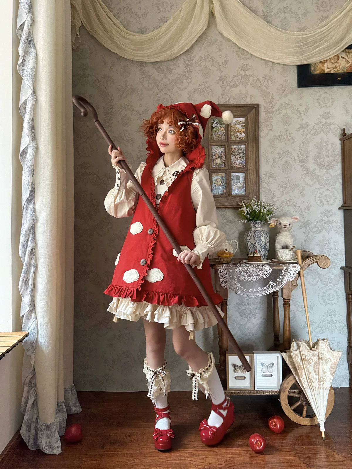 Baozi Pig - Mushroom Forest - Padded Red Outerwear Vest with Ruffle Hem and Inner-Layer Options