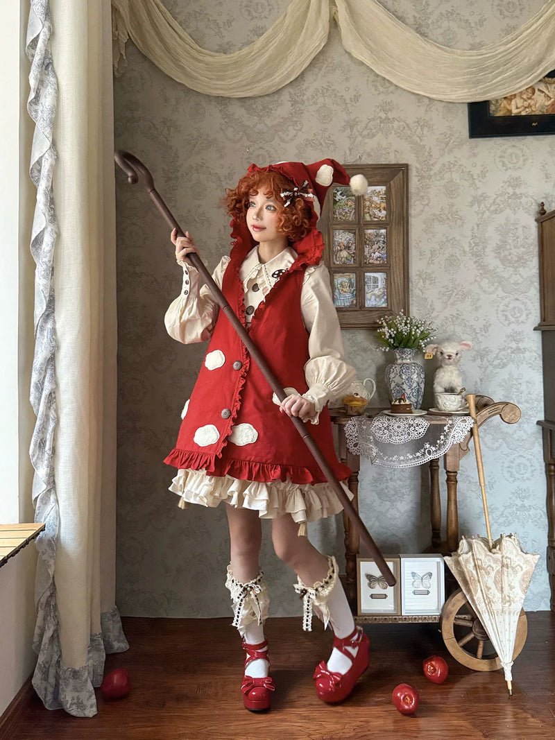 Baozi Pig - Mushroom Forest - Padded Red Outerwear Vest with Ruffle Hem and Inner-Layer Options
