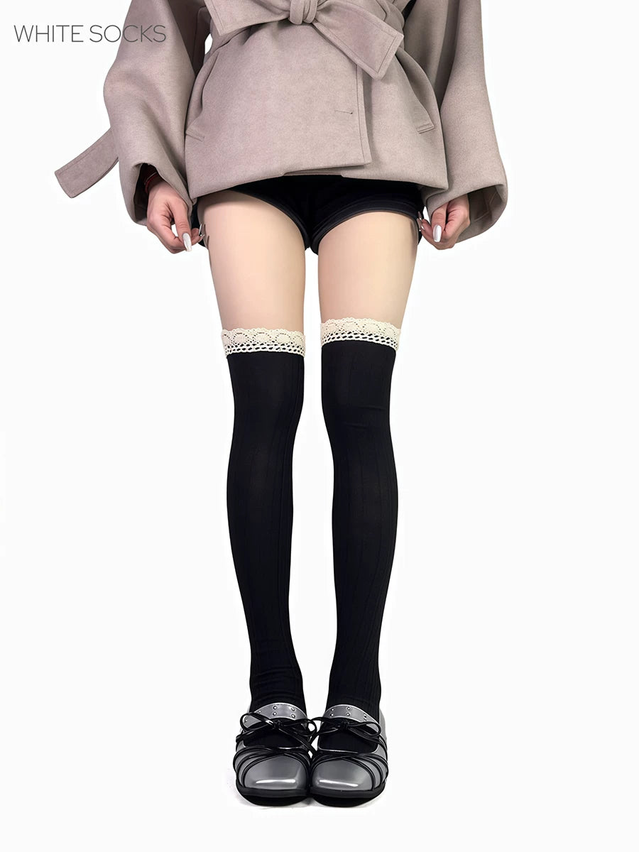 White Socks - Retro Lace Contrast - Over-the-Knee Socks with Lace Edging