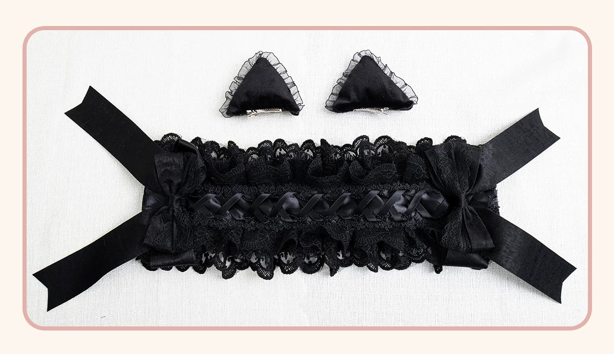 Stardust Rose - A035 Black Lace - Black Lace Headwear and Hand Sleeves with Ribbon Bows