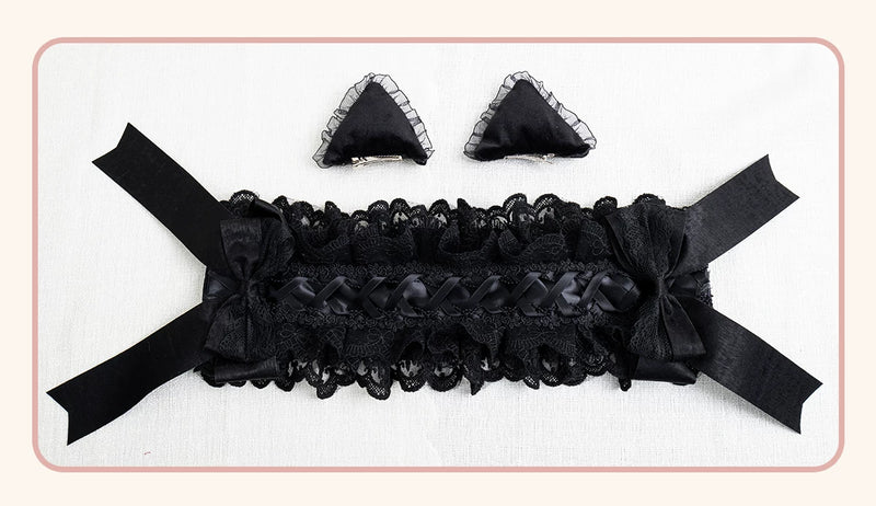 Stardust Rose - A035 Black Lace - Black Lace Headwear and Hand Sleeves with Ribbon Bows