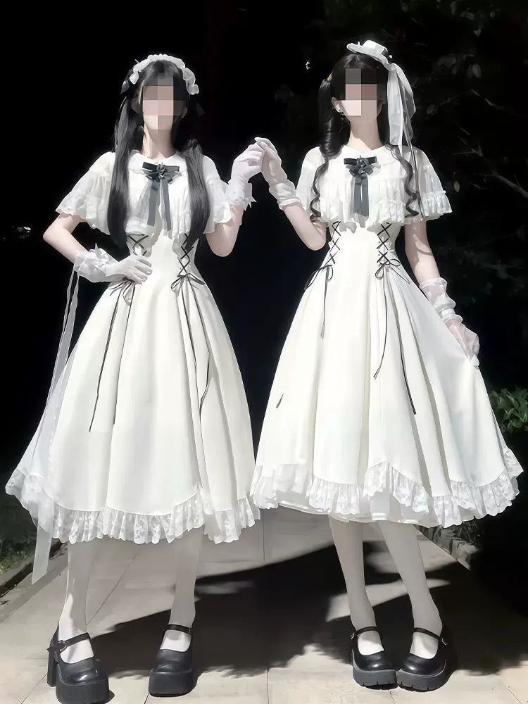 White Creamy CLA-style twin Lolita dresses with black lace-up details and lace hems