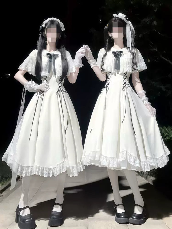 White Creamy CLA-style twin Lolita dresses with black lace-up details and lace hems