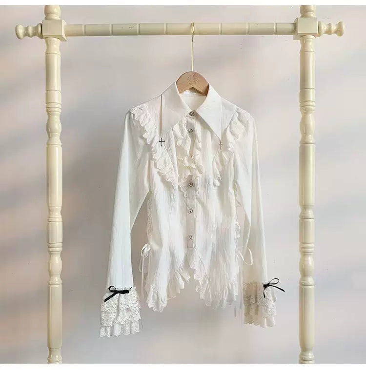 Long-sleeve waist-cinched button-up blouse
