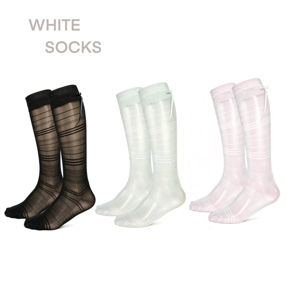 Black, mint green, light pink and white striped mesh mid-calf socks