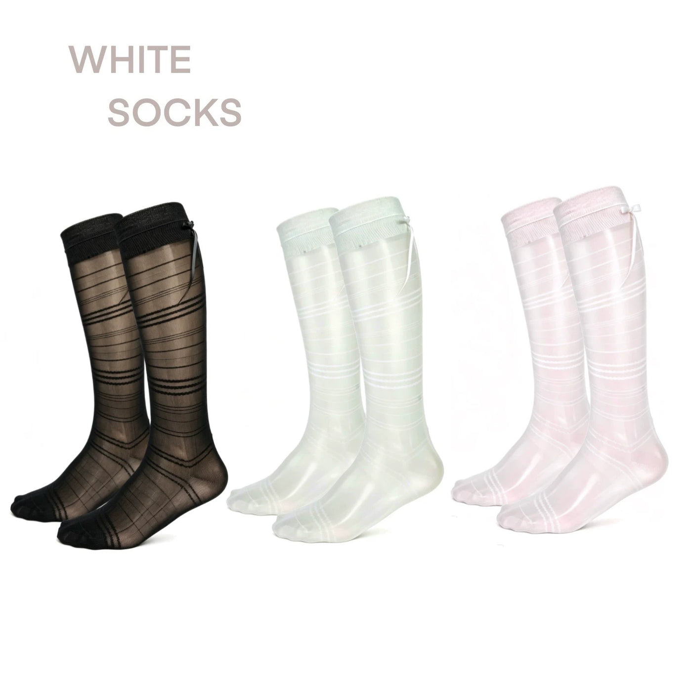 Black, mint green, light pink and white striped mesh mid-calf socks