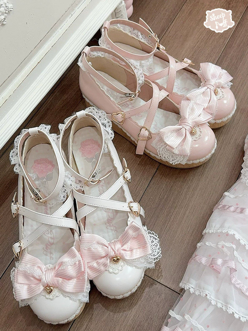 Sheep Puff Strawberry Love Song platform Lolita shoes with cute strawberry and love song details, black and white design.