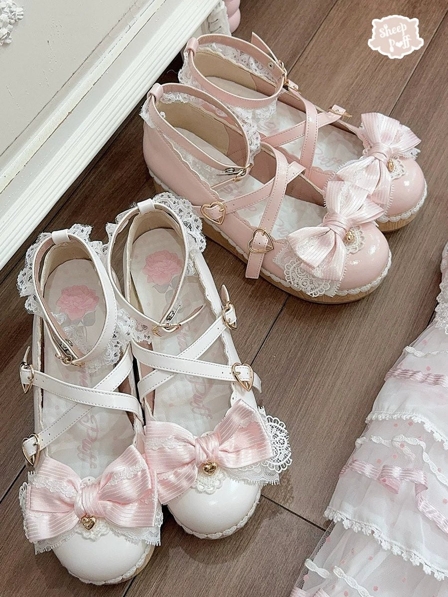 Sheep Puff Strawberry Love Song platform Lolita shoes with cute strawberry and love song details, black and white design.