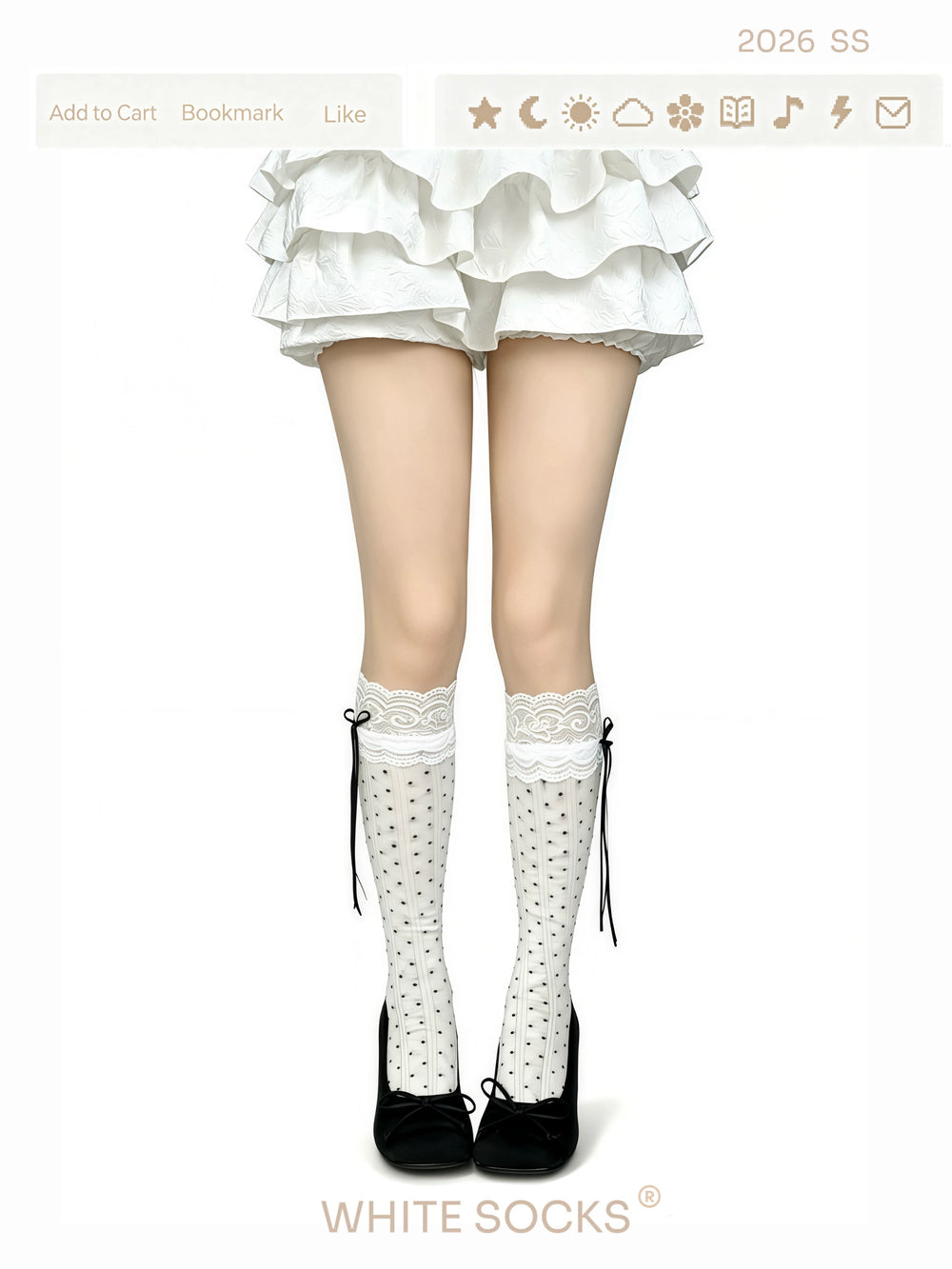 White polka dot lace knee-high socks with bow detail