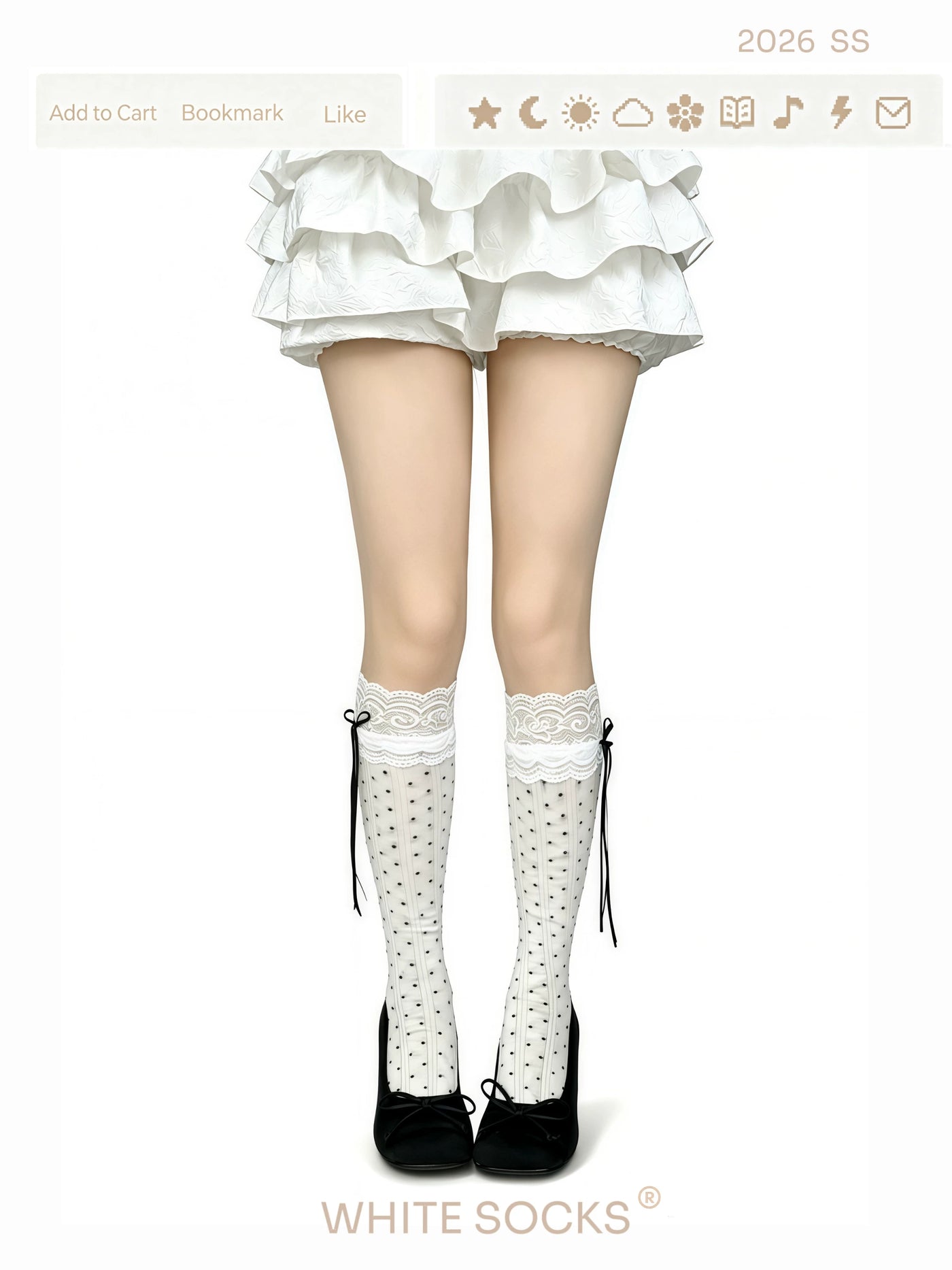 White polka dot lace knee-high socks with bow detail