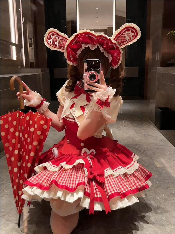 Creamy - Apple Rabbit - Red Short-Sleeve Outerwear and JSK Dress Set