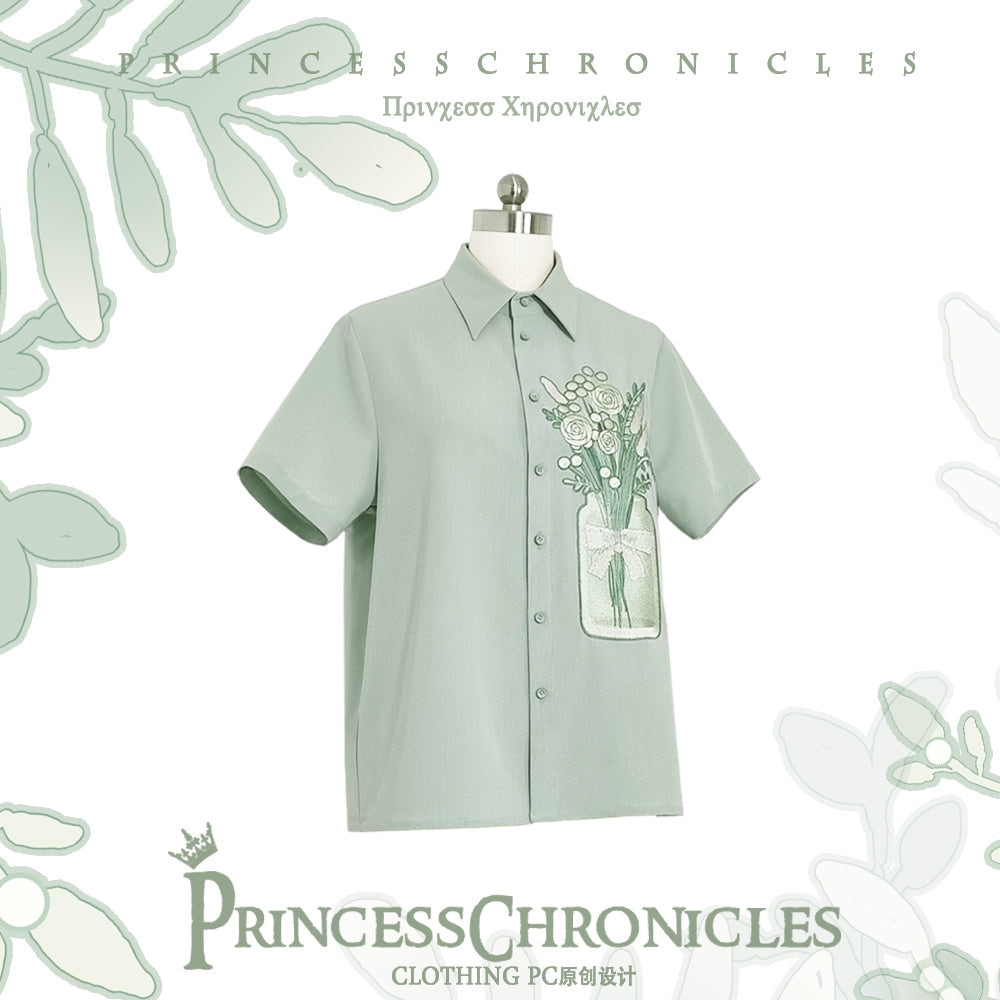 Limited Flowering Time - Retro Green Flower Embroidery Shirt (L M S XL) 18950:272670