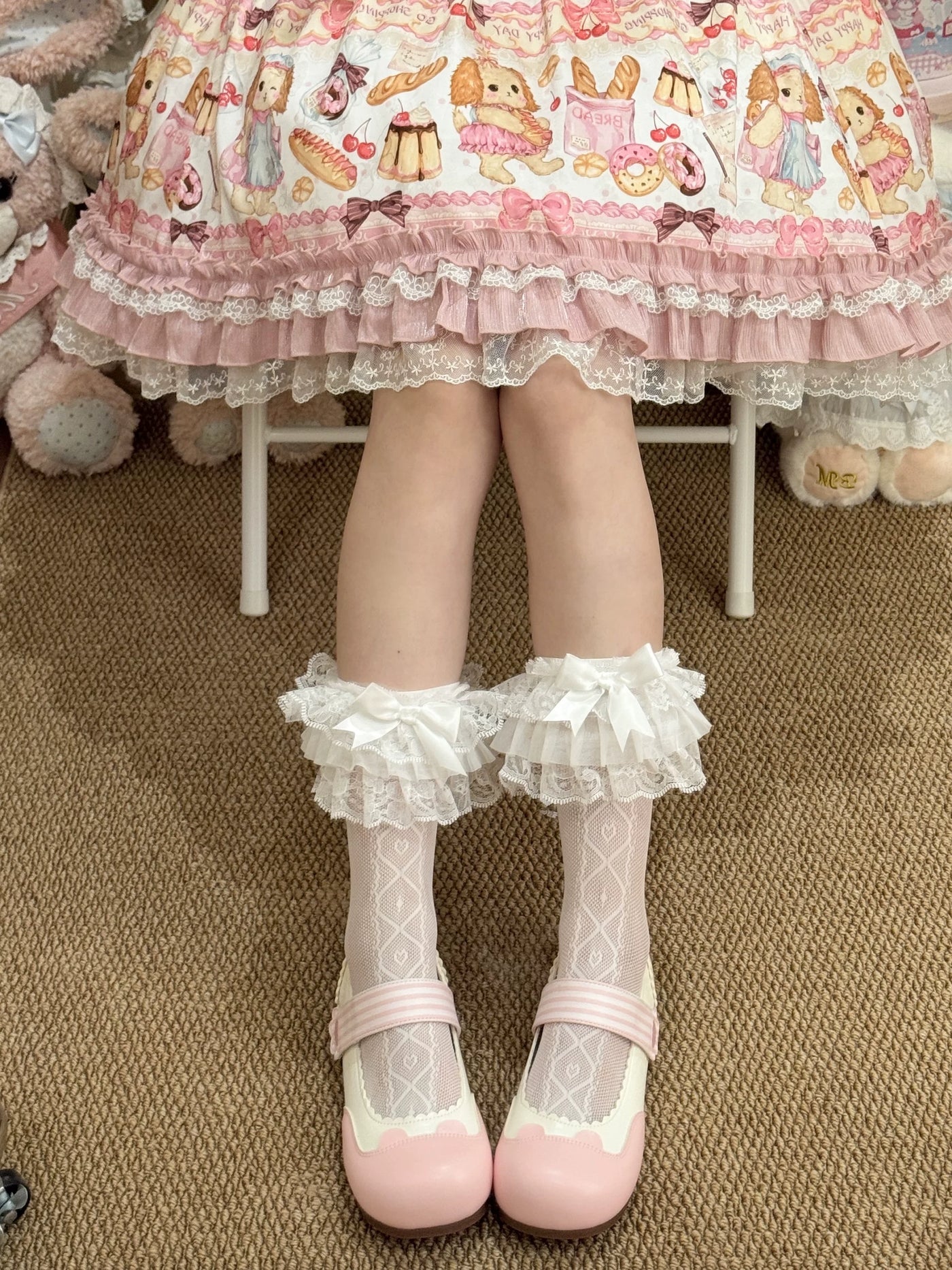 Fantasy Doll - Lace Bow Mid-Calf - Socks with Layered Lace Cuffs