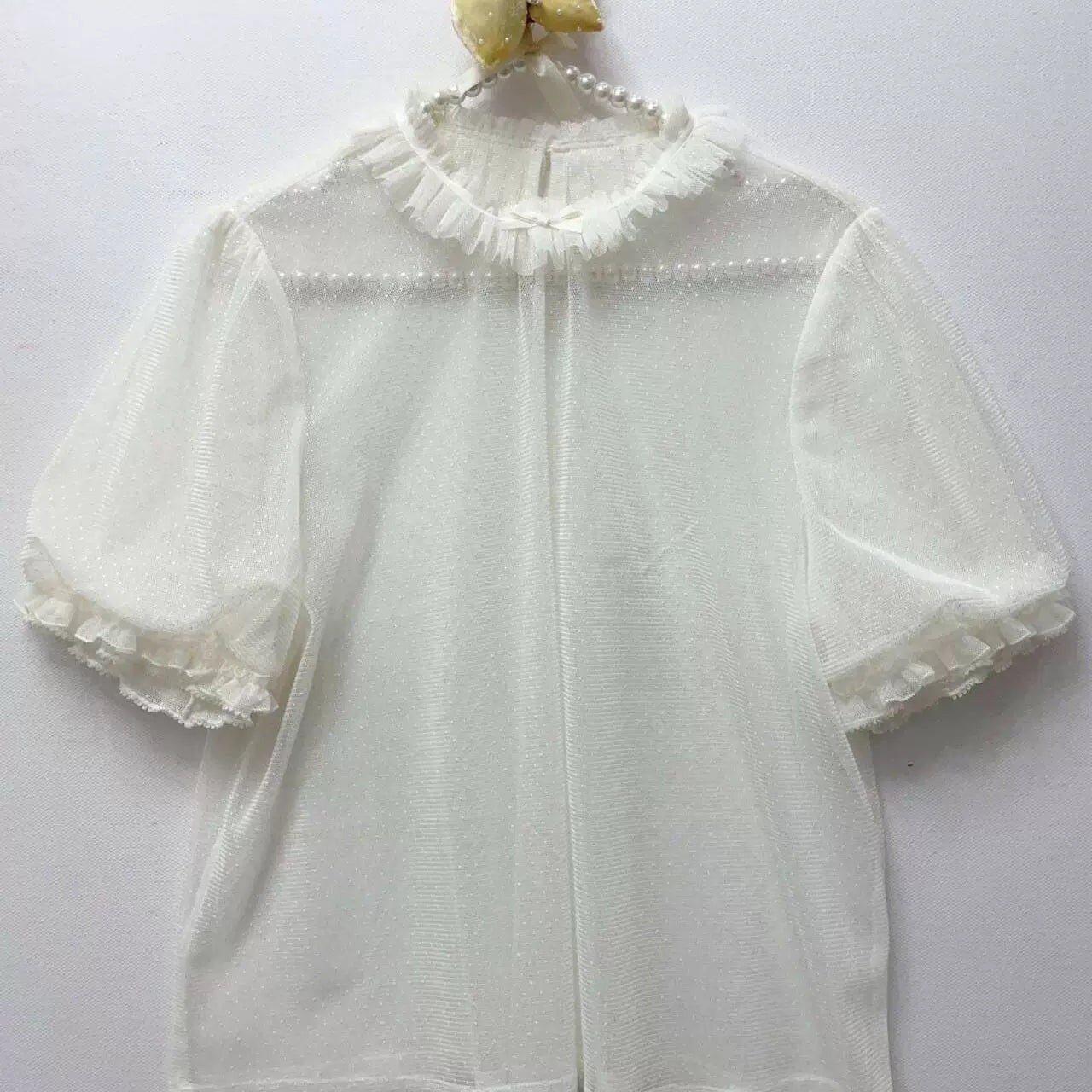 Sweetheart Dream Machine - Dotted Tulle - Short-Sleeve Blouse with a Frilled Stand Collar