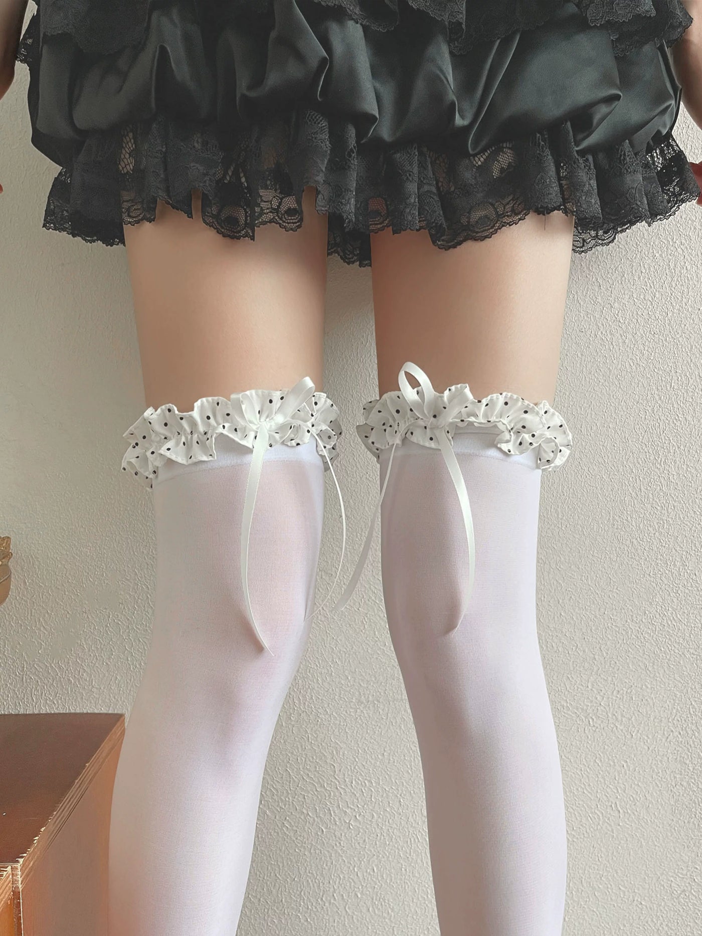 Sock Noble - Polka-Dot Ribbon - Velvet Over-the-Knee Socks with Ribbon Ties