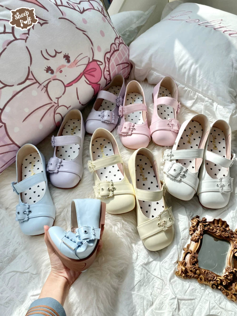 Sheep Puff Curly Sheep Mary Jane Shoes with plush sheep design, black leather, and rounded toe for cute, stylish footwear.