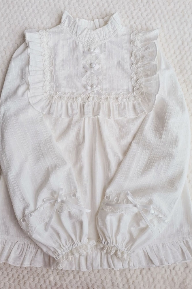 Yilia - Cotton Lolita Lace Long Sleeve - White Blouse Innerwear
