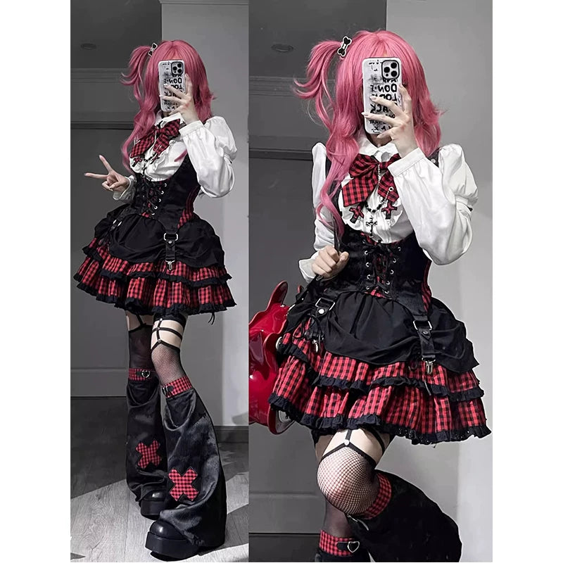 Creamy - American School Rock - Lolita fashion set with a black-and-red plaid skirt