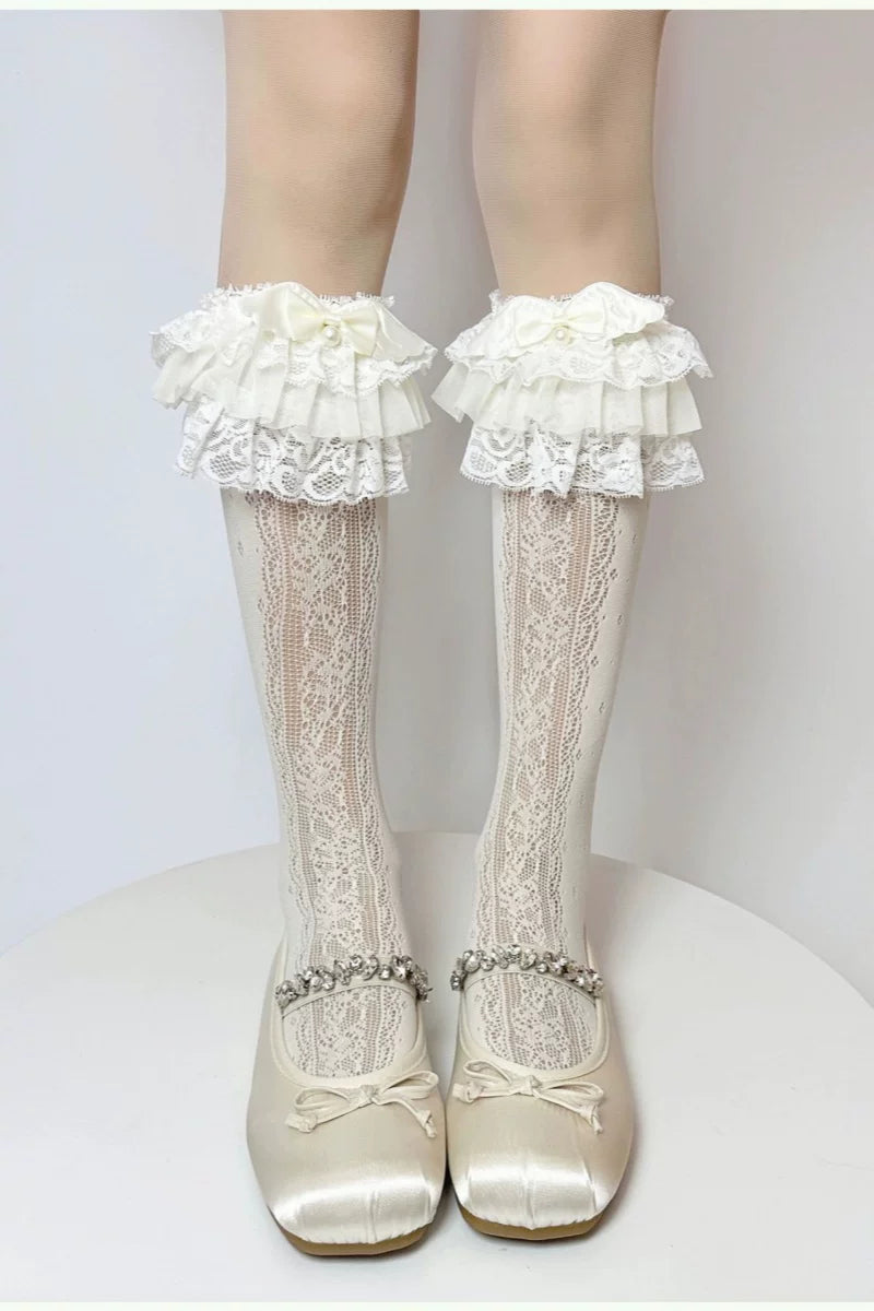 Fantasy Doll - Lace Bow Lengths - Calf socks or short socks with lace trim and bows