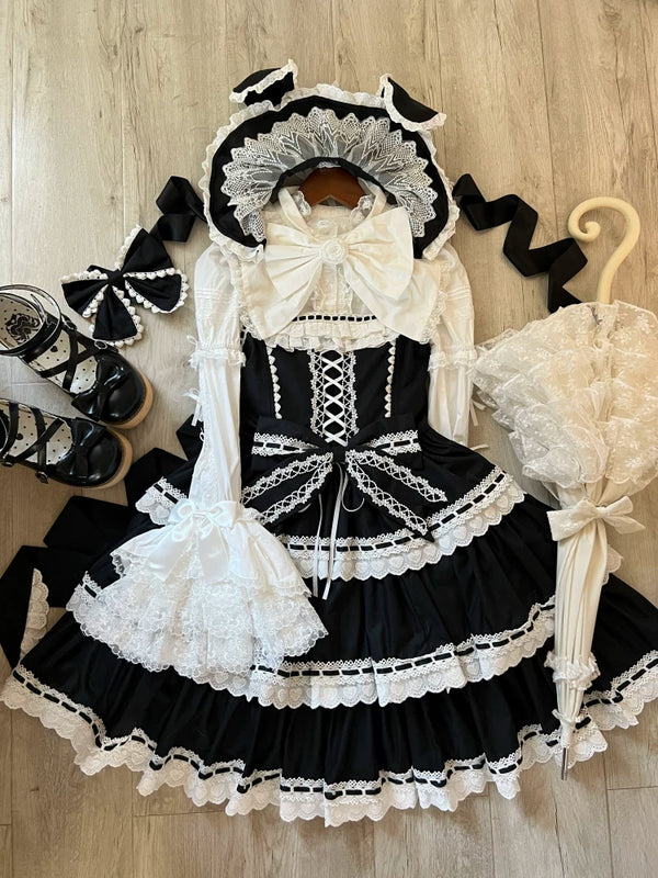 Black Tata Long Ear Otome Heart Lolita JSK with matching black headband, size S