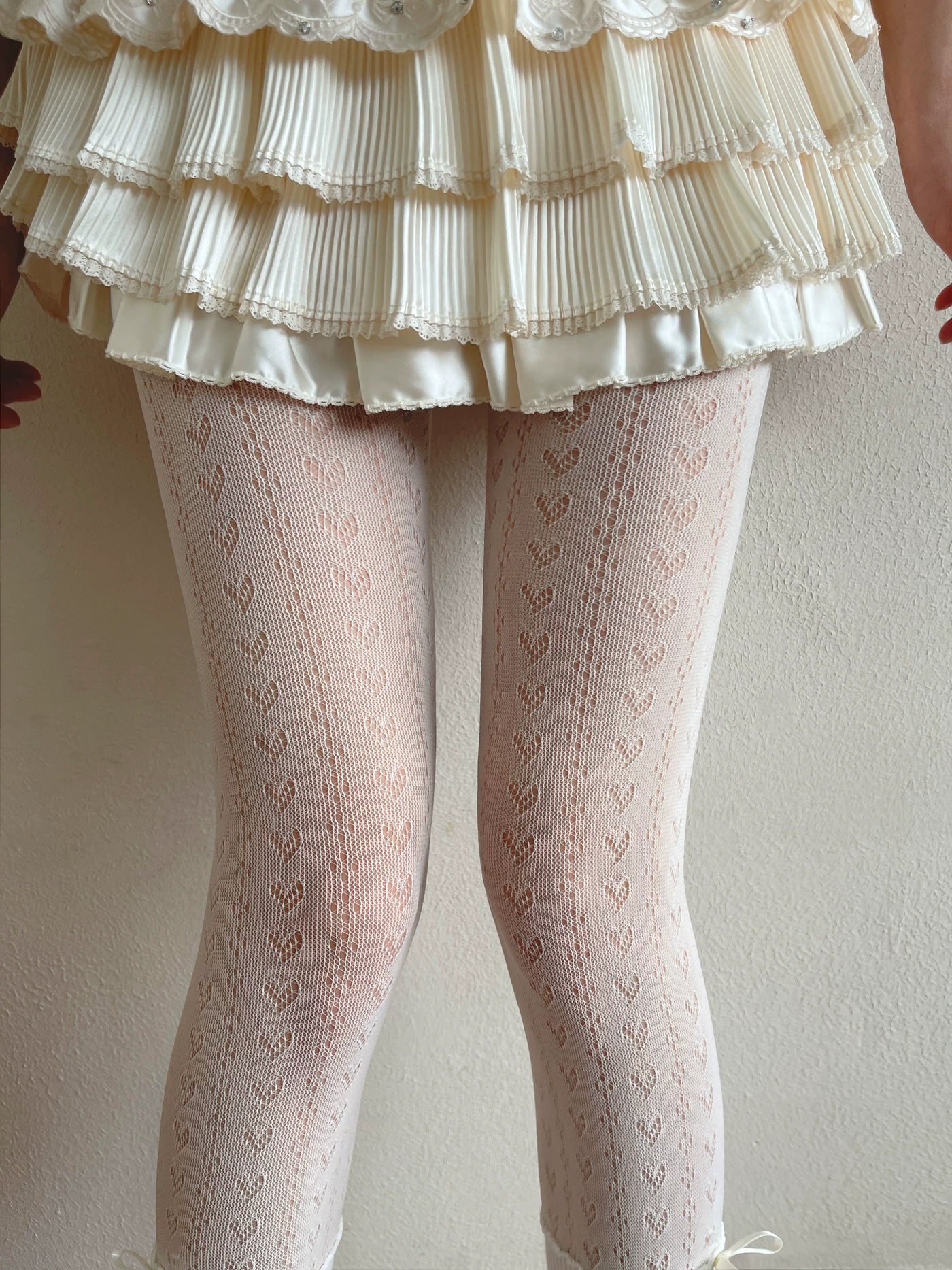 Sock Noble - Heart Lace - White Tights with Repeating Heart Motifs and Bow Accents