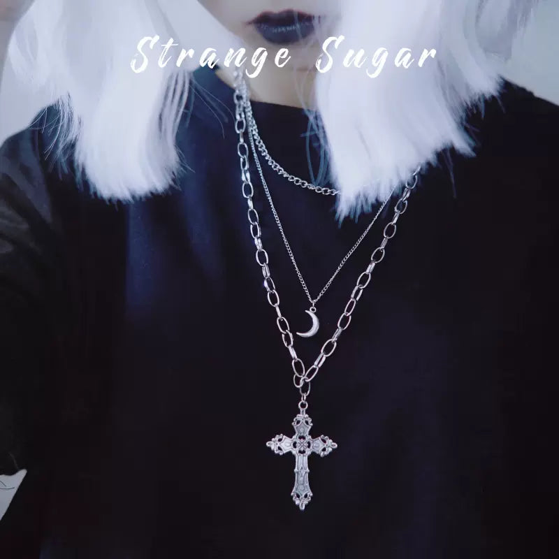 Strange Sugar - Gothic Lolita Necklace Triple Layer - Metal Cross Sweater Chain Neckwear