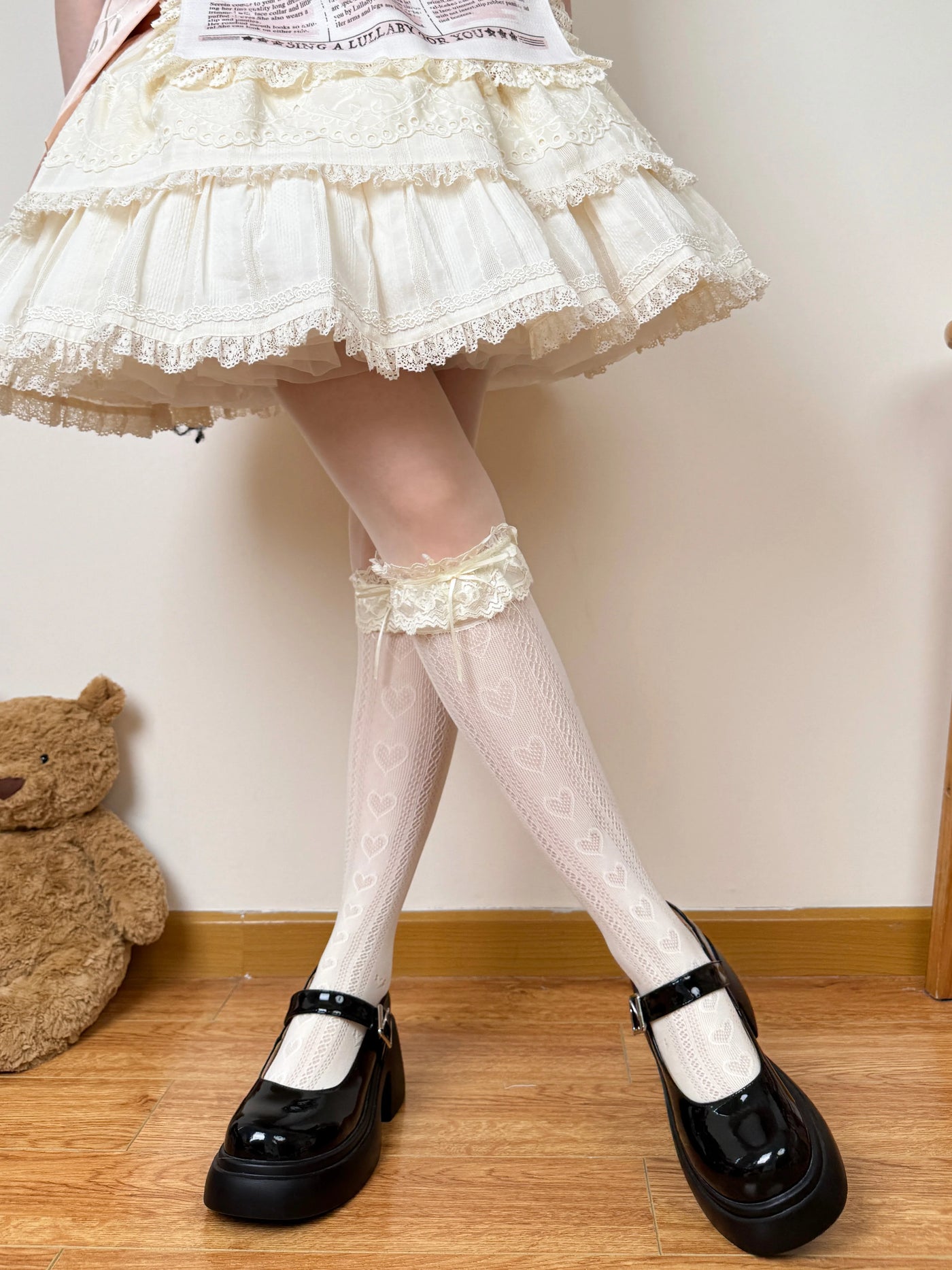 Chubby Bear Tales - Edith - Openwork Mid-Calf Socks with Lace Cuffs and Bows