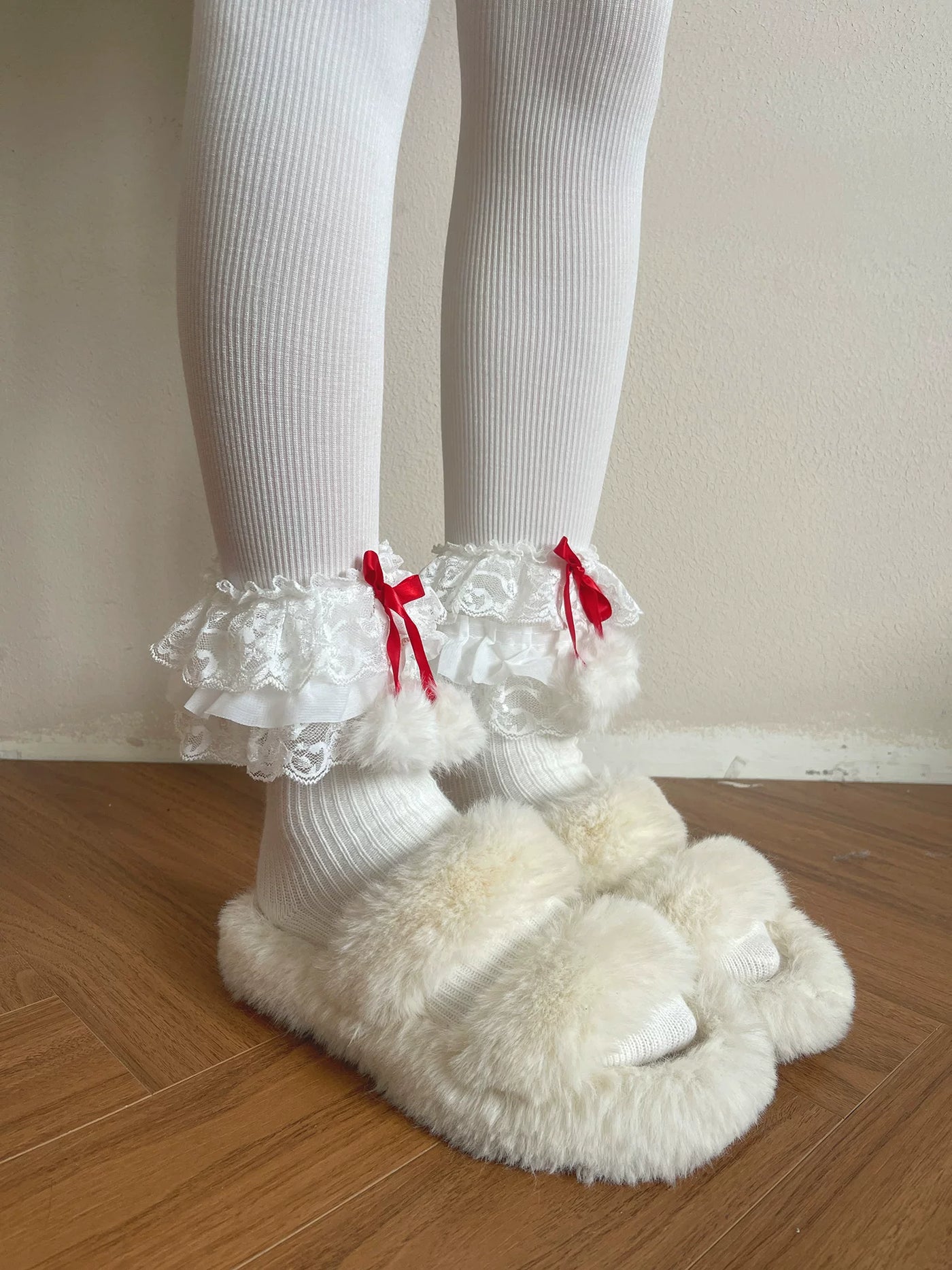 Sock Noble - Christmas Ribbon Fur Ball - Slouch socks and basic white tights with red-ribbon or fur-ball accents