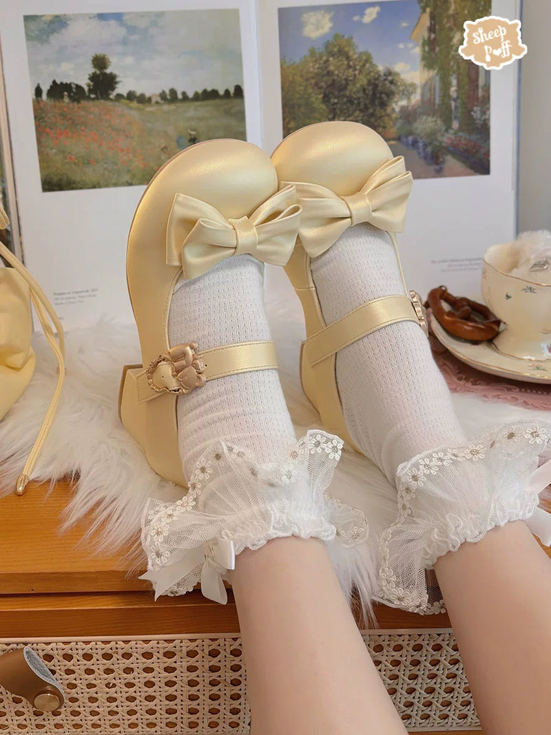 Sheep Puff Hugging Bear Lolita Shoes with cute bear and sheep puff design, featuring soft pastel colors and lace details.