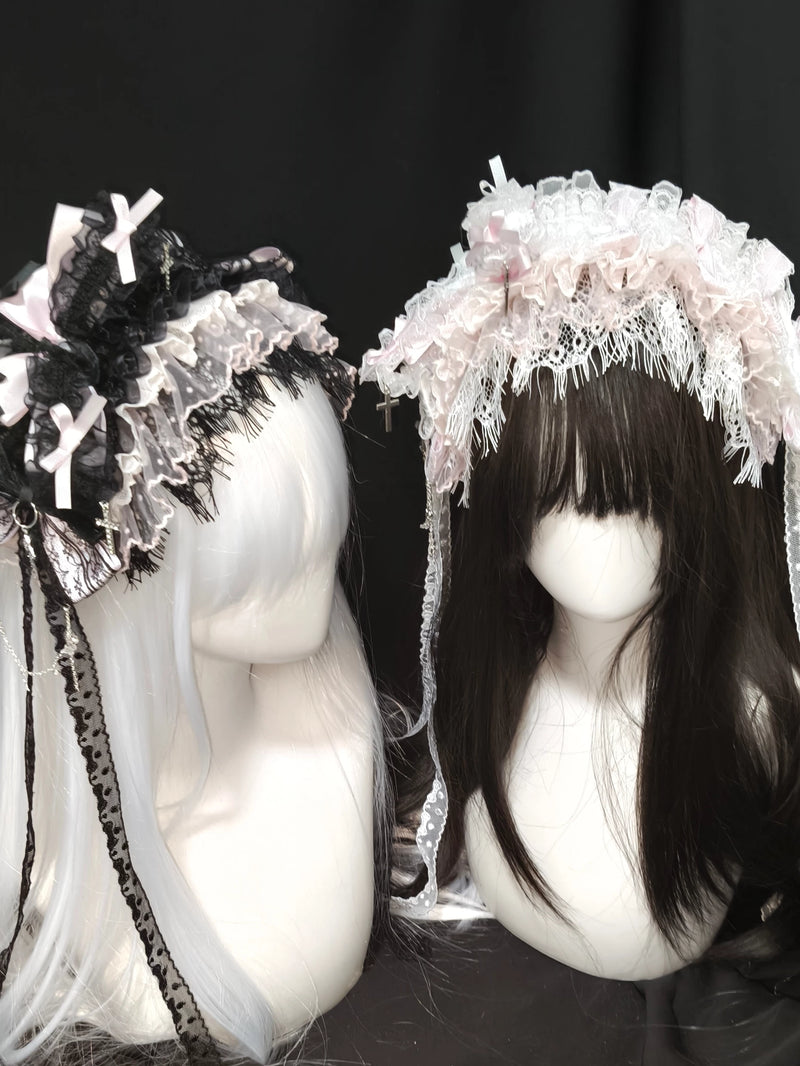 Dokisuru - Cross Lace - Heavily Embellished Lace Hairband with Bows and Cross Accents