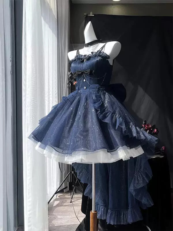 Blue princess dress set with trailing train, bow and choker on a mannequin