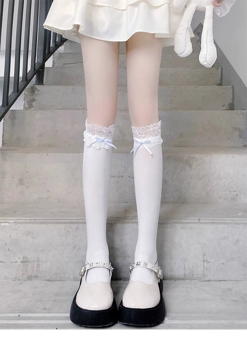 Floral Milk Cat - Ribbon Lace Cuff - Ribbed Calf Socks with Lace Cuffs and Bow Trim