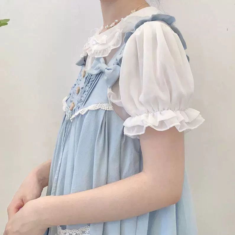 Sweetheart Dream Machine - Ribbon Collar - Short-Sleeve Blouse with a Ruffled Peter Pan Collar