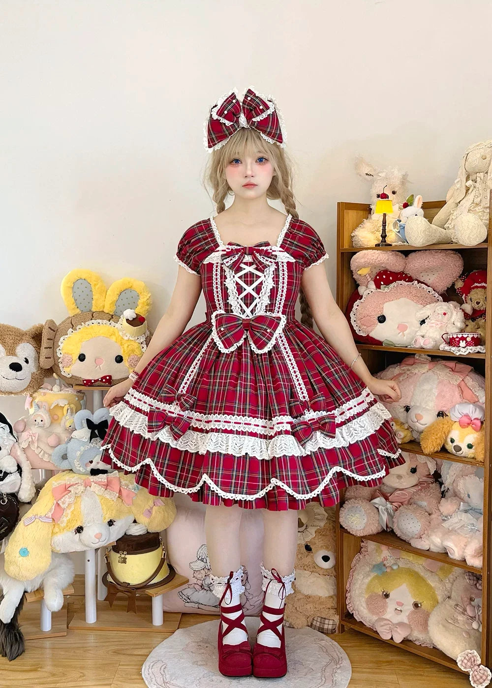 Miss Point - Plaid Petal Bunny - Old School Lolita Plaid OP Dress, Petal-shaped Hem