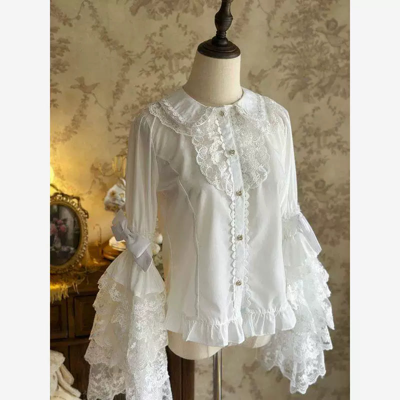White lace-collar Hime-sleeve blouse with layered cuffs shown on a mannequin.