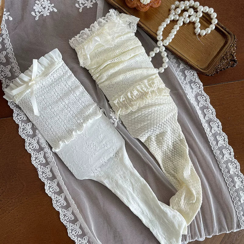 Sock Noble - Cream Lace Patchwork - Mid-Calf Layered Hosiery with Lace, Bow and Fishnet Details