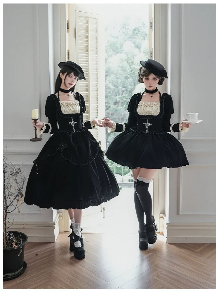 With PUJI - Apocalypse - Gothic Lolita Velvet OP Dress Set, Fishbone Waist
