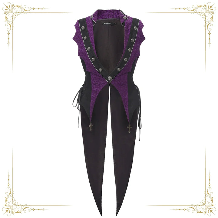 Purple sleeveless Ouji tailcoat vest with black trim, silver buttons, side lacing and pointed tails