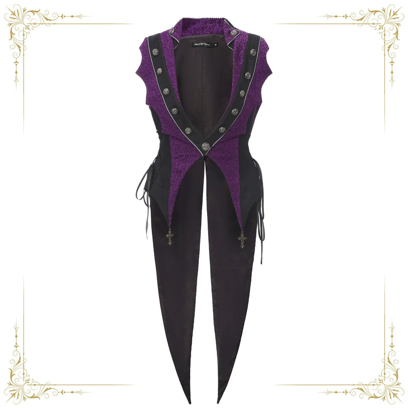 Purple sleeveless Ouji tailcoat vest with black trim, silver buttons, side lacing and pointed tails