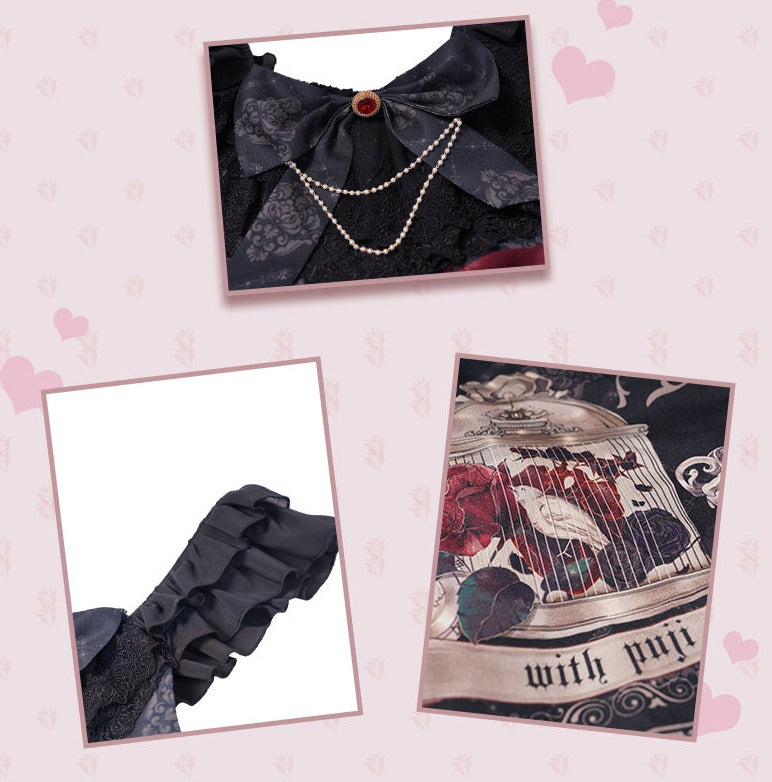 With PUJI - Nightingale and Rose - Classic Lolita Chiffon Dress, Rose & Birdcage Print