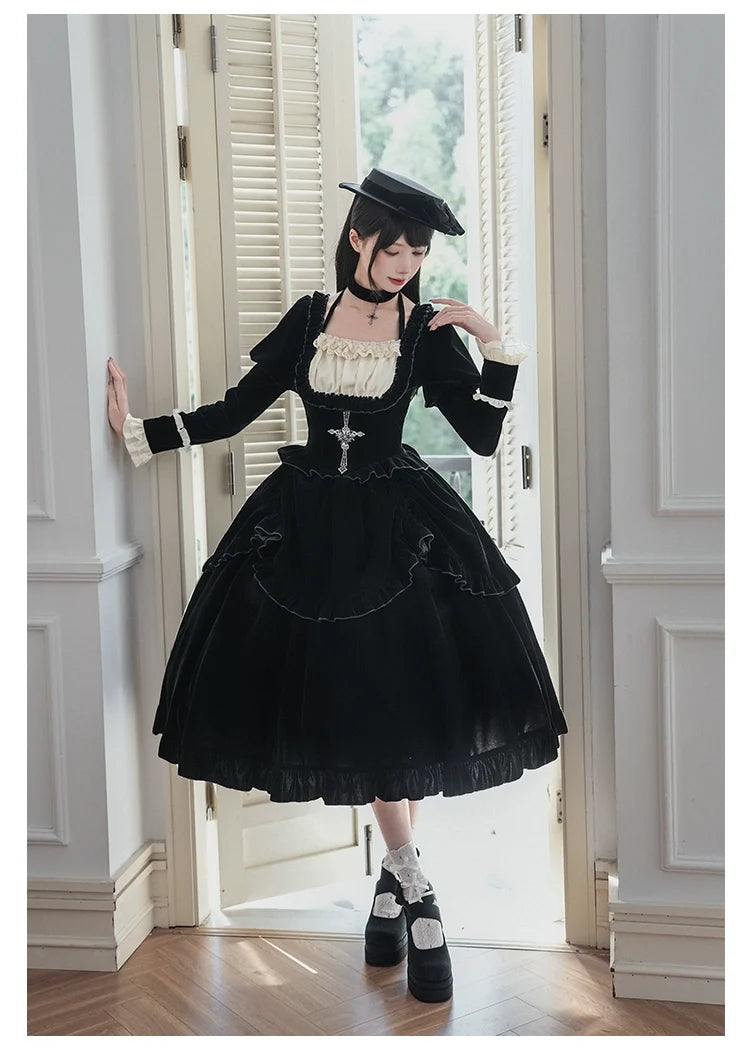 With PUJI - Apocalypse - Gothic Lolita Velvet OP Dress Set, Fishbone Waist